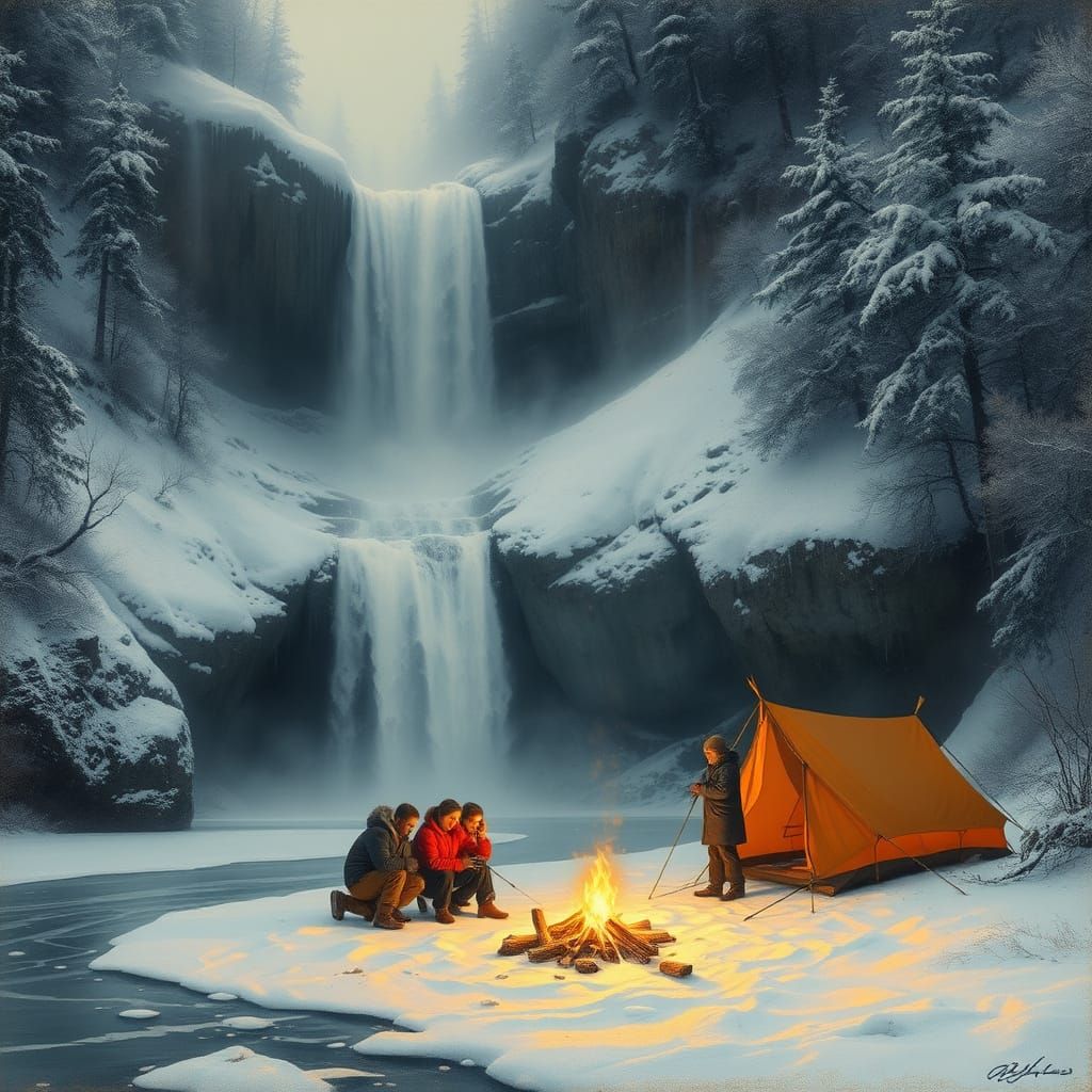 Winter Wonderland Scene with Waterfall and Campsite in Frost...