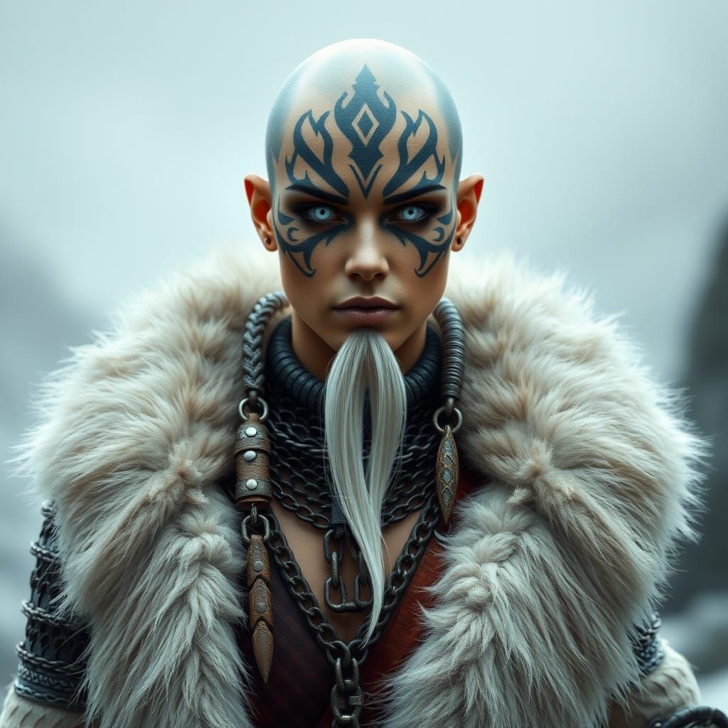 A goliath warrior lady with big muscles. She bald on her head but looks feminine. Shes beatiful in her own way. All over her bald head she h...