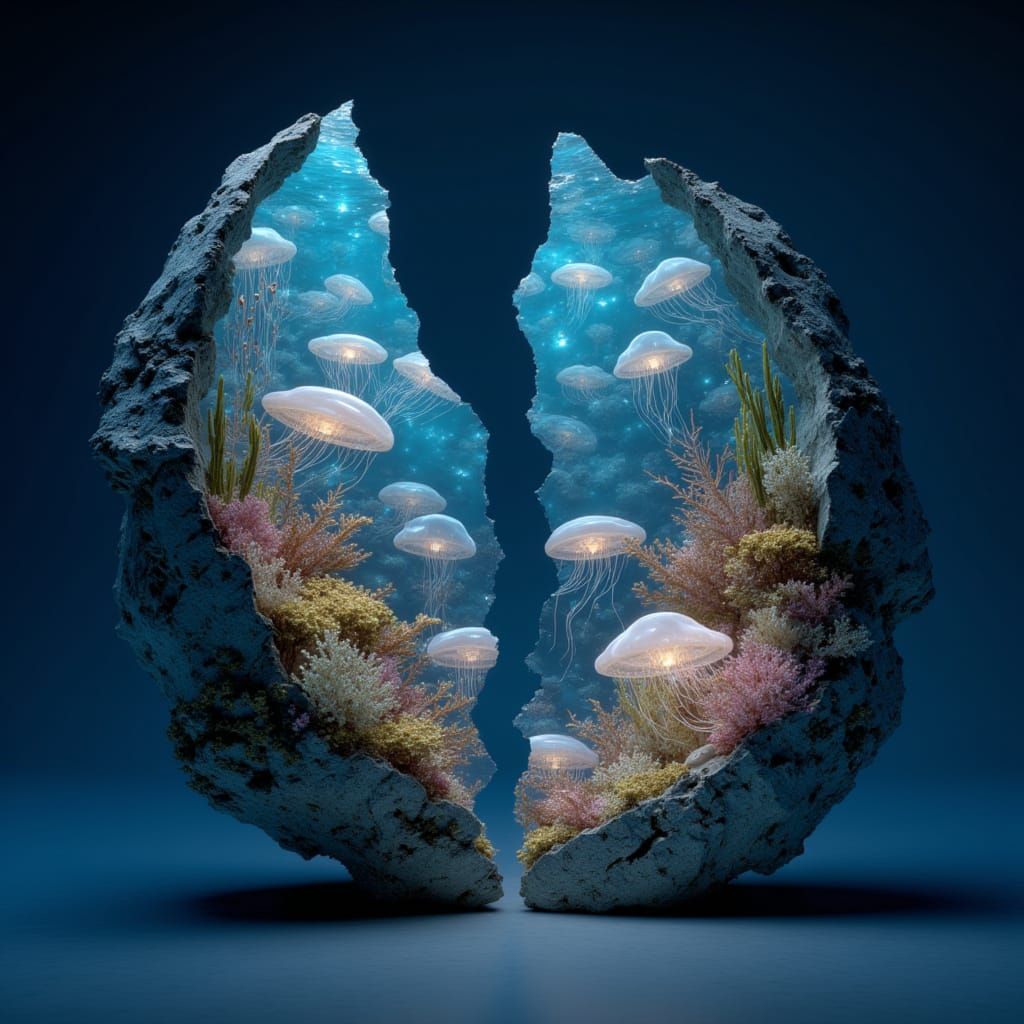 <lora:FerroBlume:1.0> two broken pieces of an underwater sculpture, with jellyfish and corals inside, in the style of digital art, featuring...