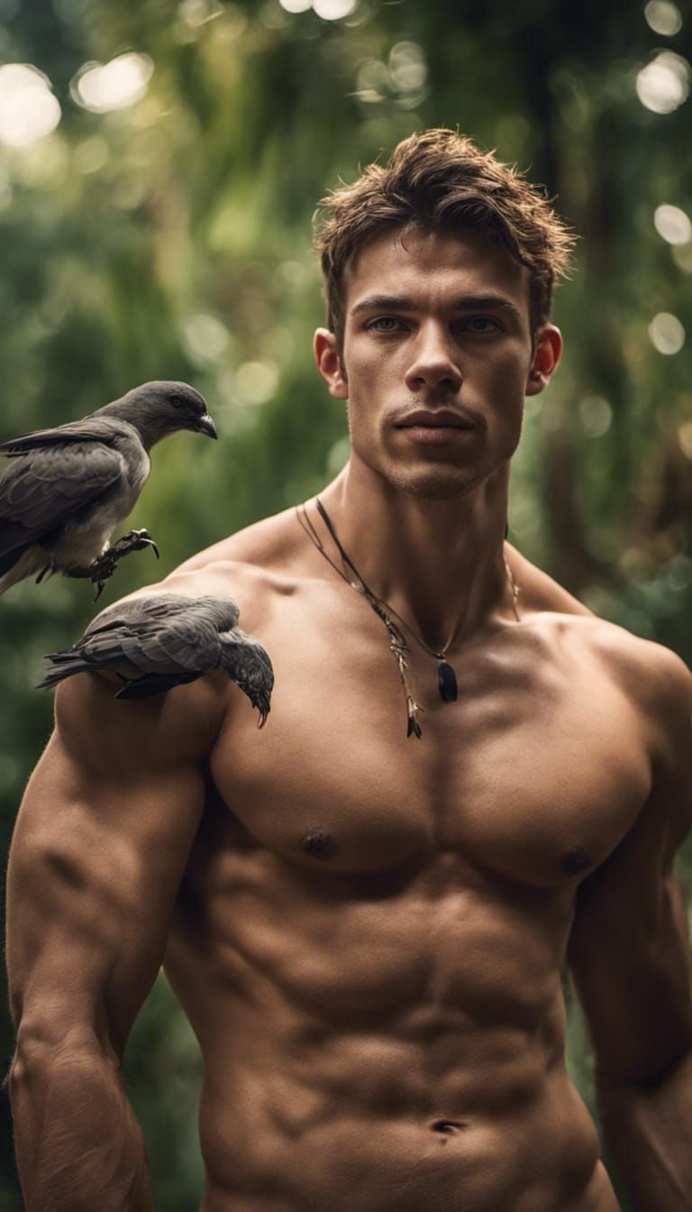 Shirtless muscular young man in the jungle with the birds at...