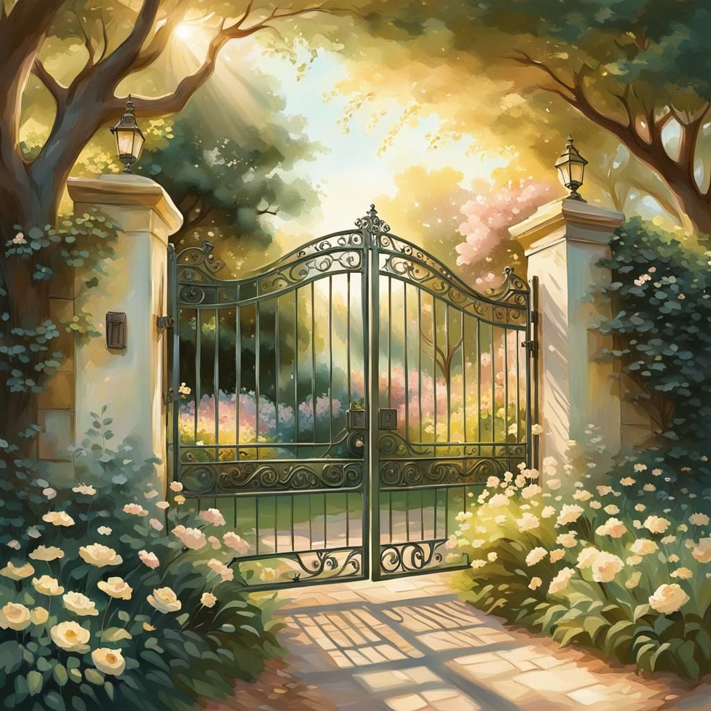 Idyllic Impressionist Garden Scene in Golden Sunlight