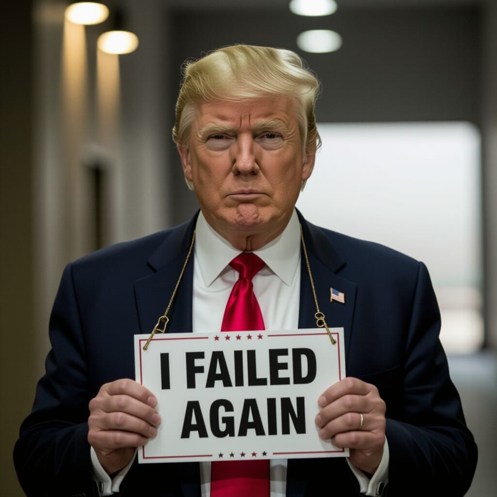 Donald Trump has a sign hanging around his neck. The sign reads, 
