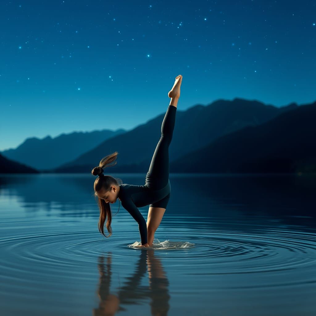 Girl Cartwheels on Water Under Starry Mountains