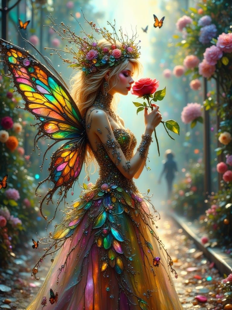 Vibrant Fairy Walks City Street in Whimsical Stained Glass S...