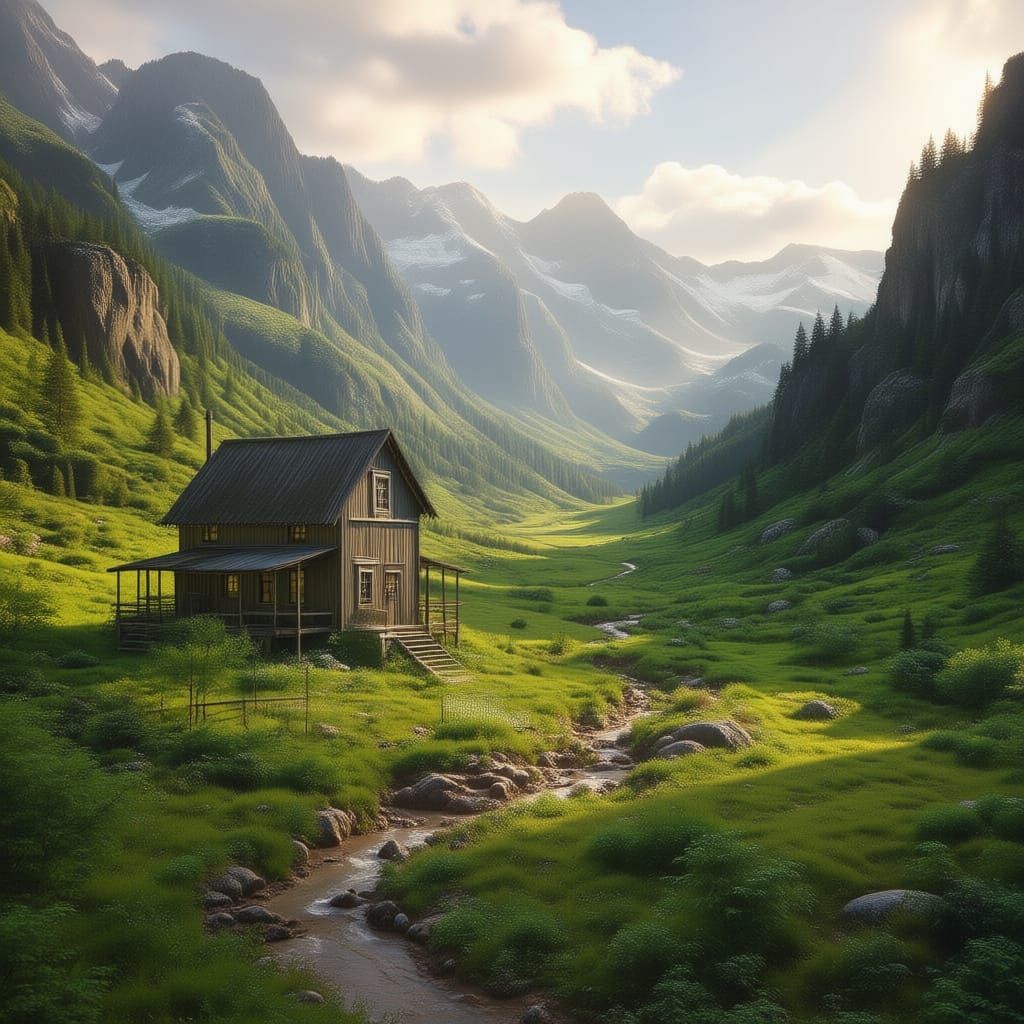 Isolated cabin in rugged, snow capped mountains