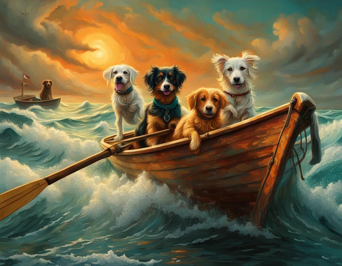 Dogs rowing a rowboat in rough sea.  by @Lost in the wilderness