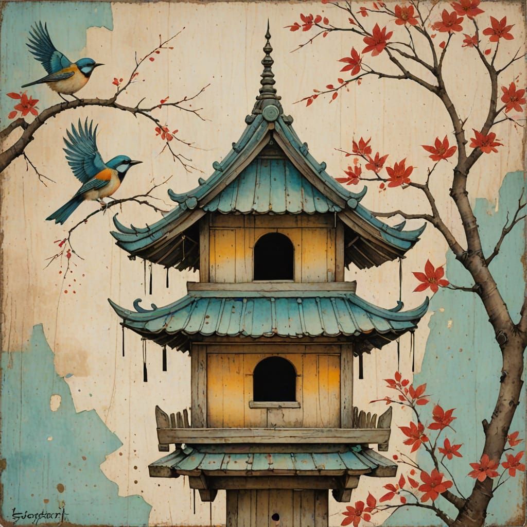 A classic birdhouse with a Chinese temple-like roof  by @dhee noerd