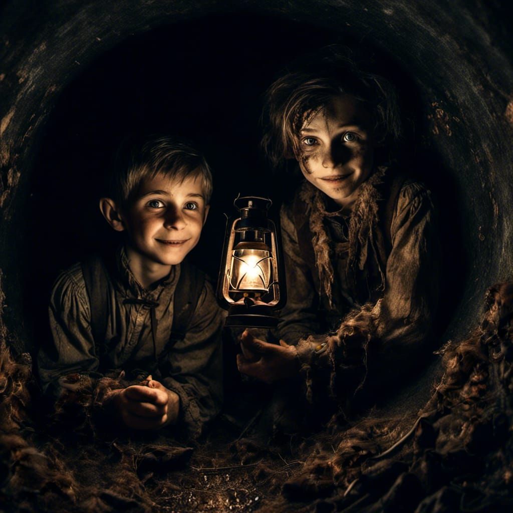 Two young elves in a pitch black tunnel one is holding a lan...
