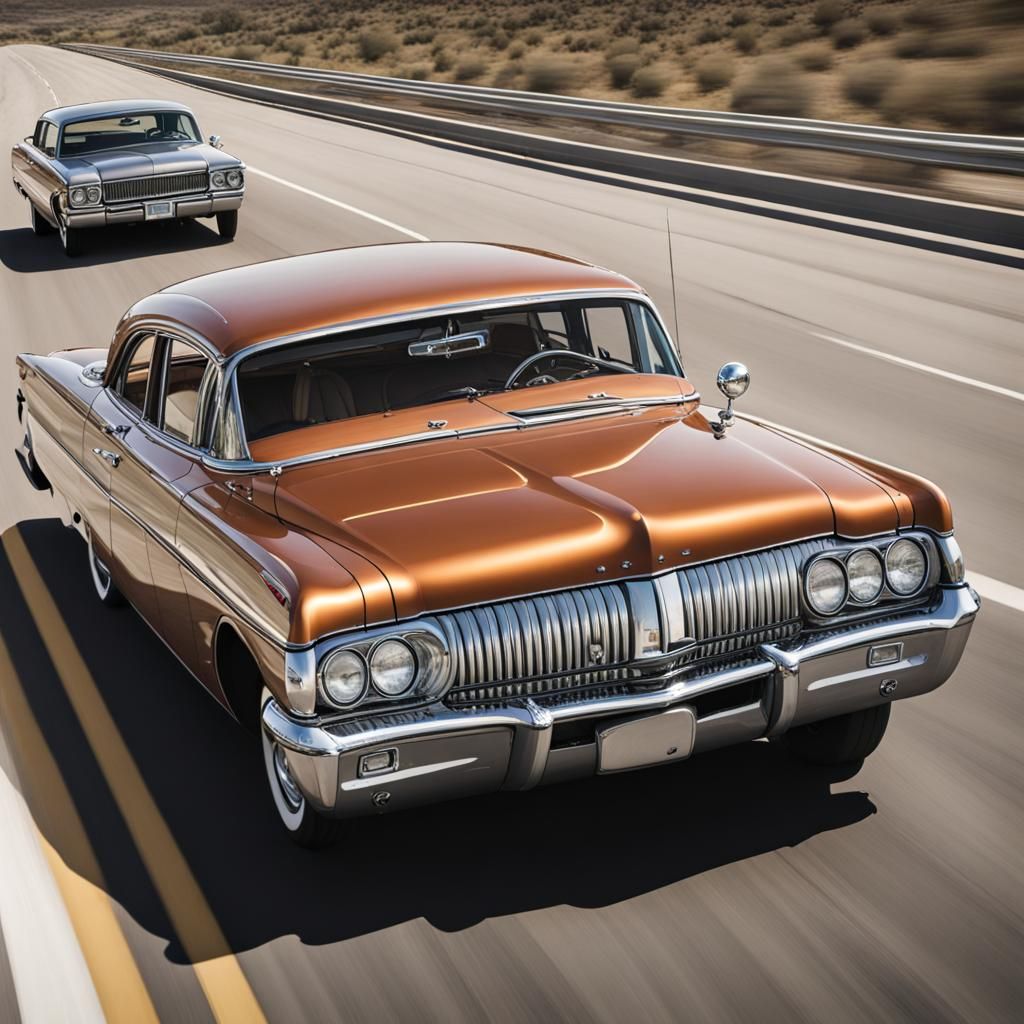 Mercury engine in a car driving between cars down a highway
