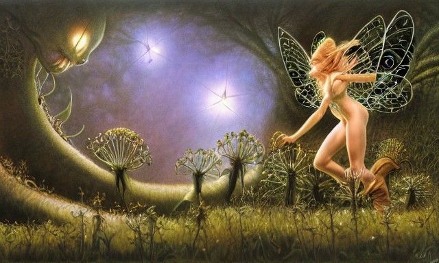 Fairies wear boots dancing in the grass dark sun branches tr...