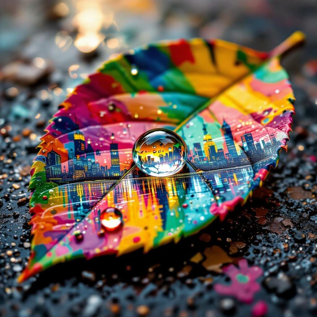 Graffiti Leaf Reflecting Cityscape in Polychromatic Lighting