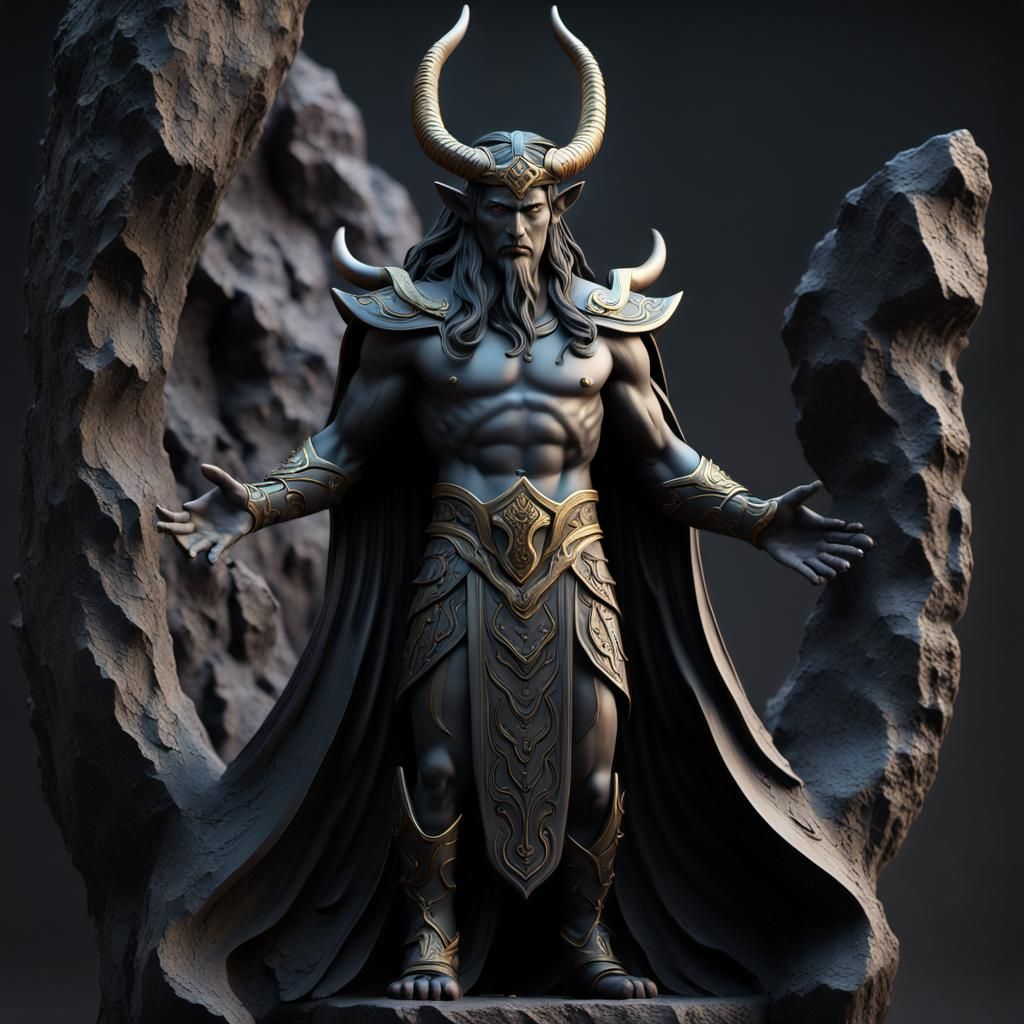 3d black basalt statue of the God Loki with large. Smooth cu...
