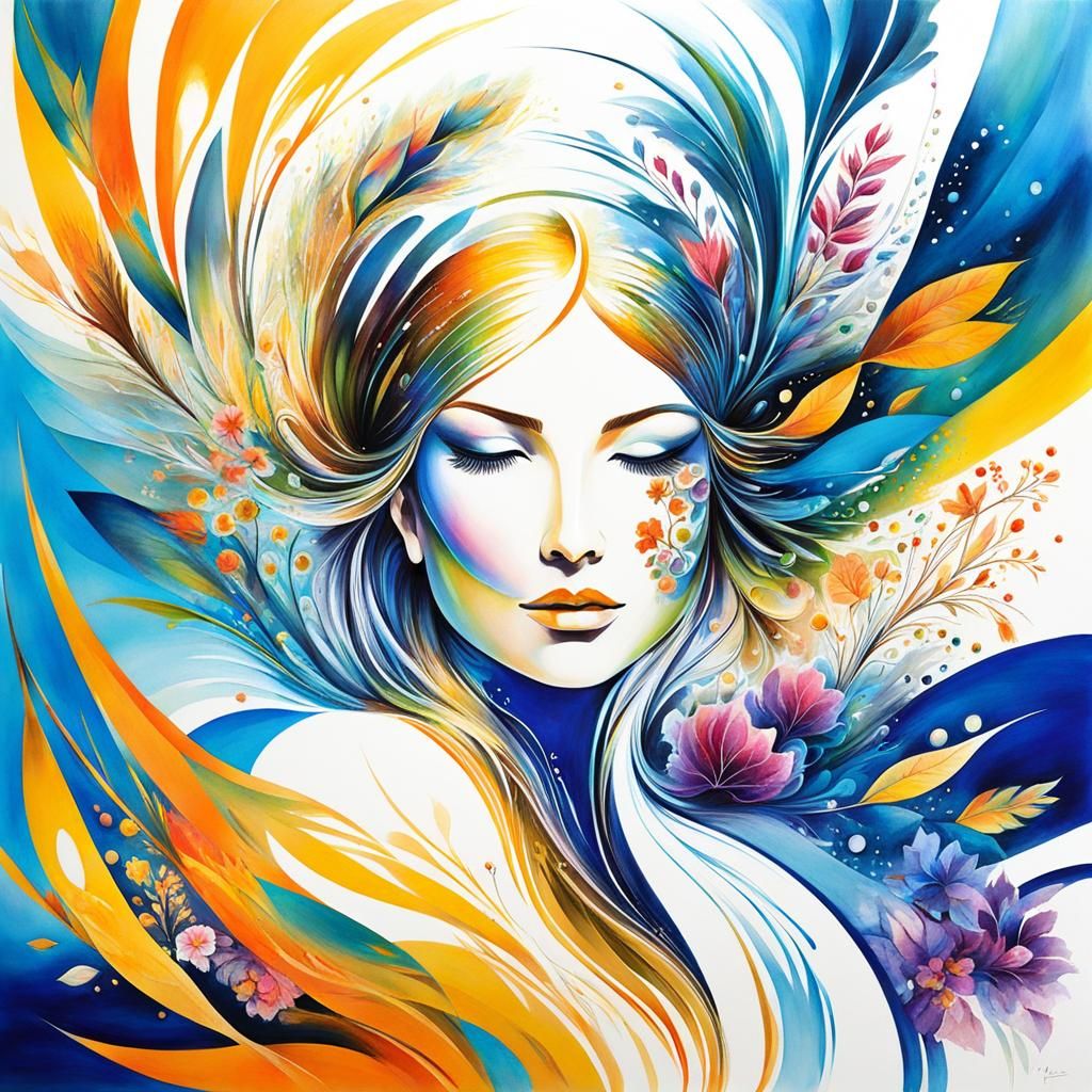 Portrait of a woman in the wind - watercolor painting