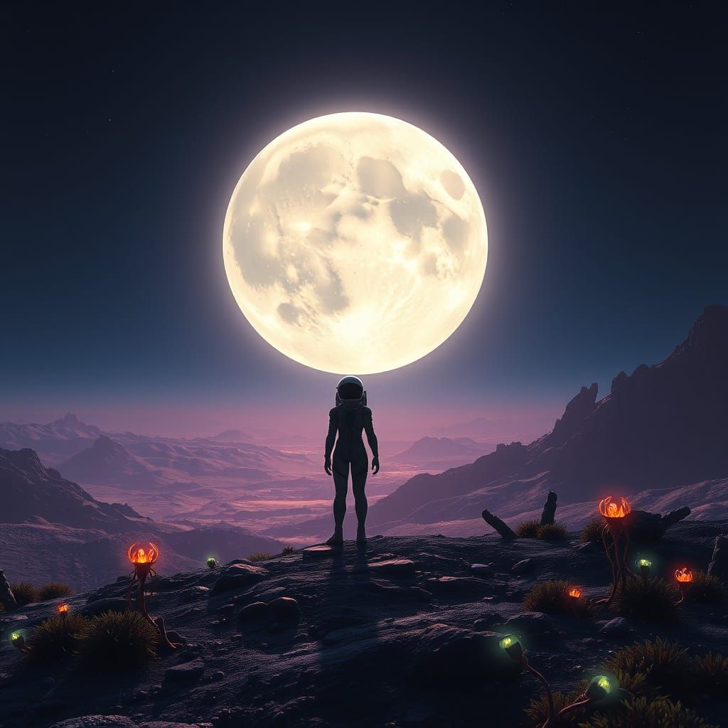 Astronaut Silhouette on Alien Planet in Matte Painting Style