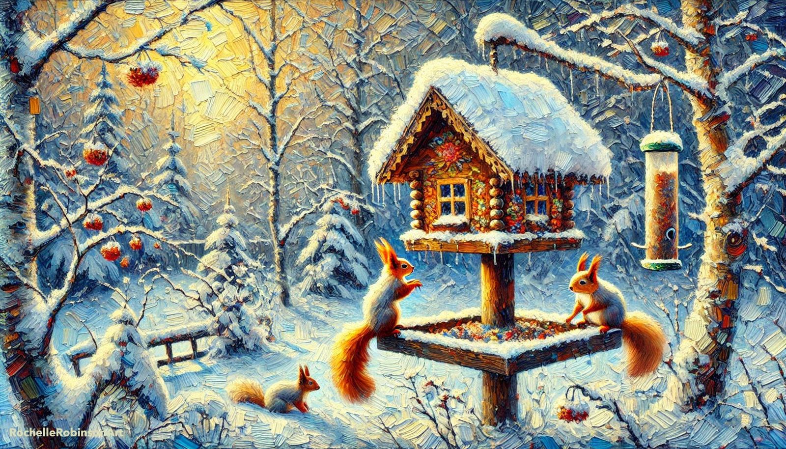 Squirrels At The Bird Feeder In Winter