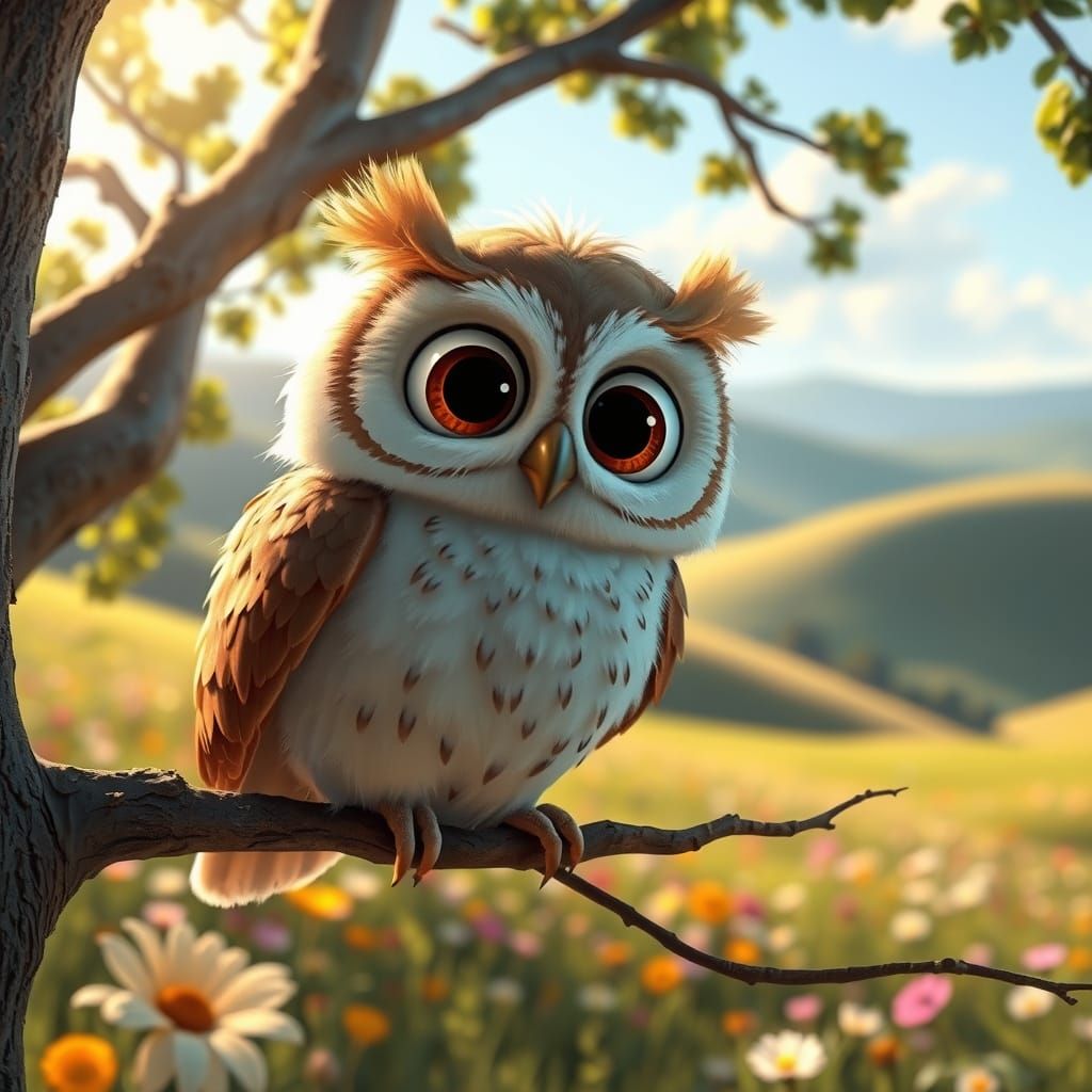 Charming Pixar-style owl with big, expressive eyes, fluffy feathers, and a joyful, curious personality, ...  by @Darkaka