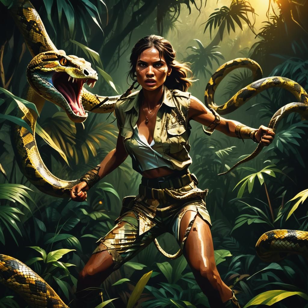 Woman fighting with a python - Vibrant Digital Art of Jungle...