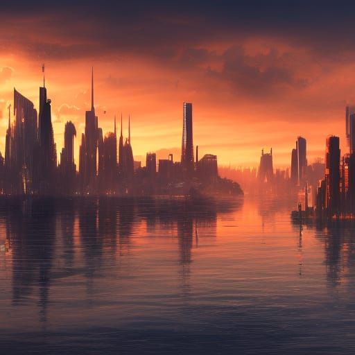 City skyline across the water at sunset