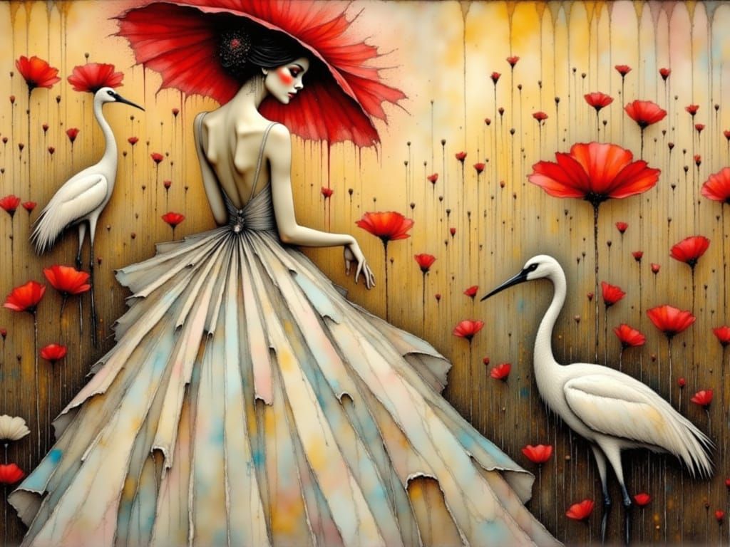 <lora:Lauras Romance:1.0> Abstract surreal woman with detailed face with sandhill cranes in white dress with red hat with a surreal backgrou...