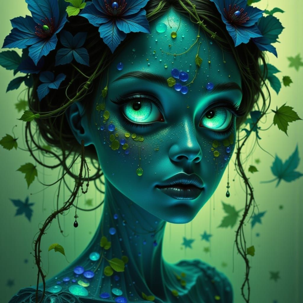 Ethereal Glass Skeleton Woman with Ivy and Dewdrops