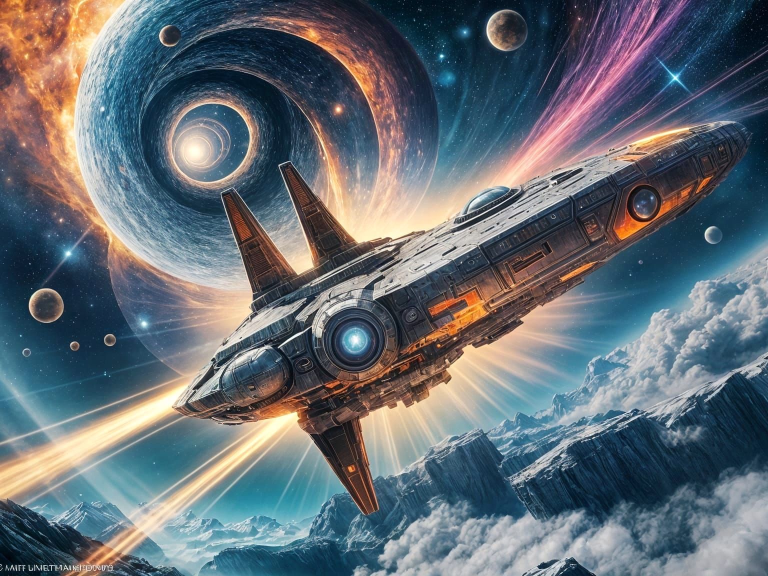 The alien spaceship materializes from the wormhole near the destination planet.  by @Jin