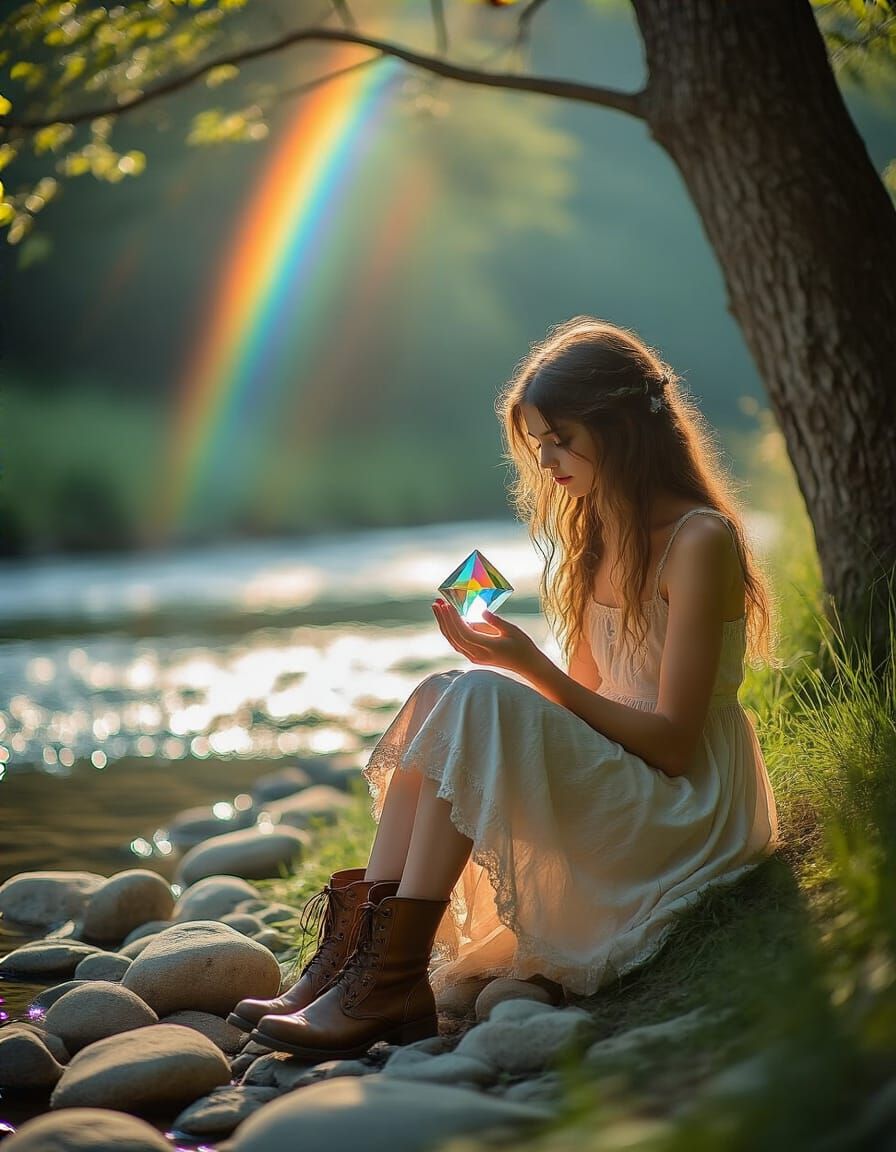 Girl with Prism Casting Rainbows by Riverbank