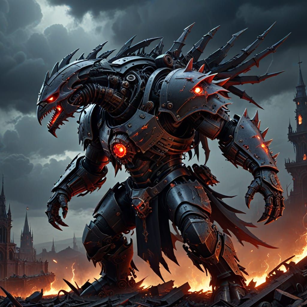 Hyper-realistic digital painting. Close-up shot. A steampunk lizardman stands guard in a clockwork city, his scales shimmer with red, orange...