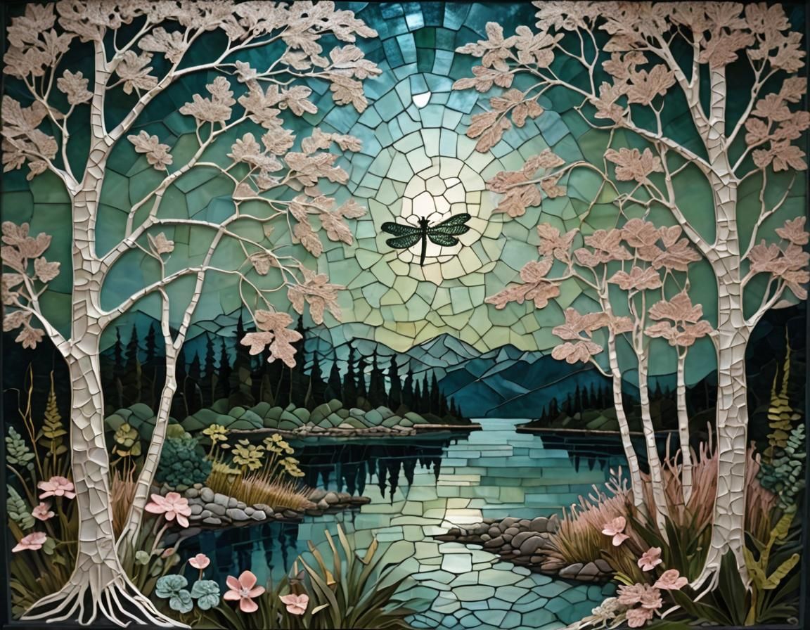 Stained glass mosaic, crochet Irish-lace, moonlight on natur...