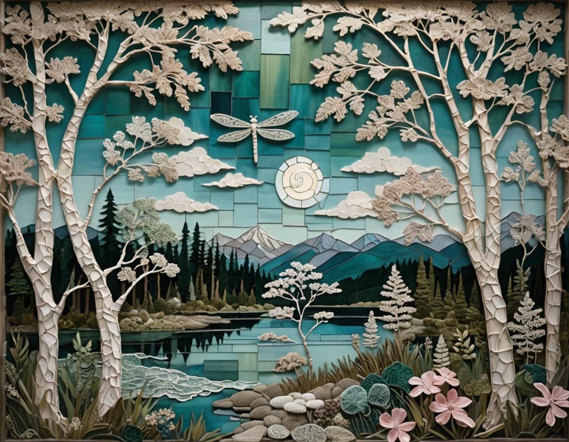 Stained glass mosaic, crochet Irish-lace, moonlight on natur...