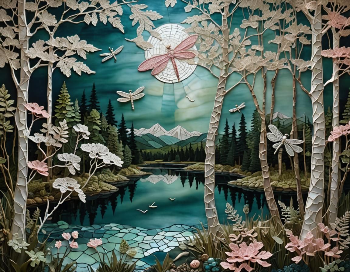 Stained glass mosaic, crochet Irish-lace, moonlight on natur...