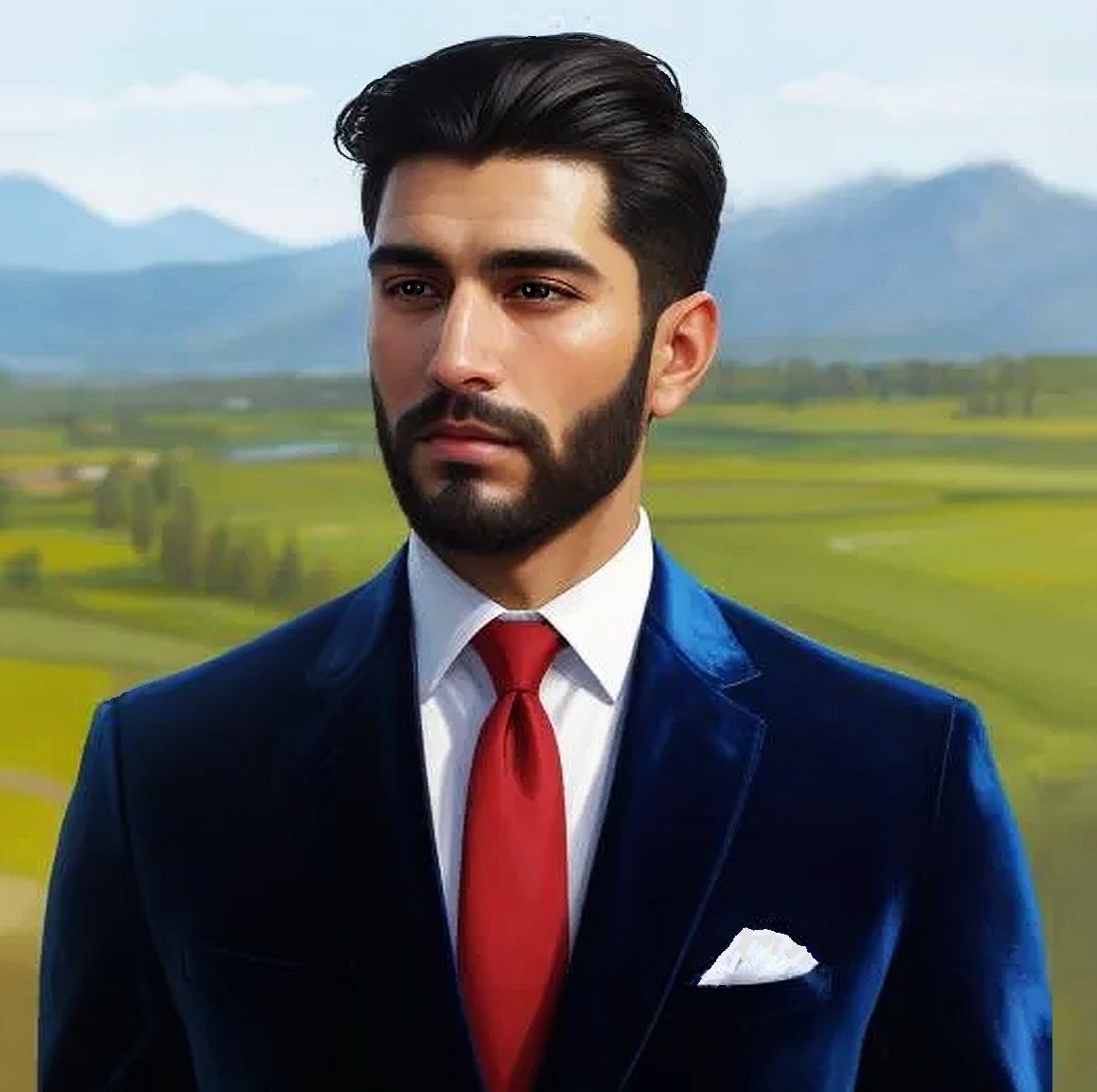 Gentleman with   black  beard   wearing  a   blue  velvet su...