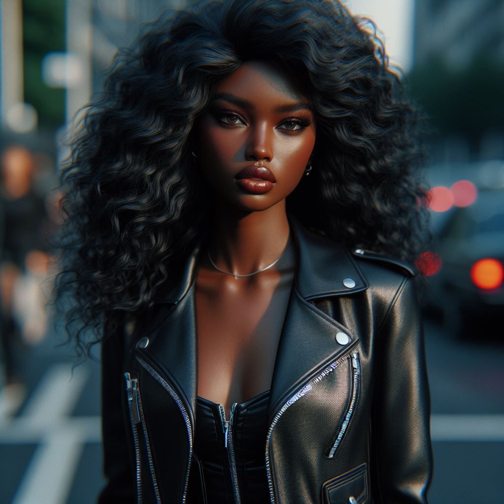 Black beauty rock girl in leather