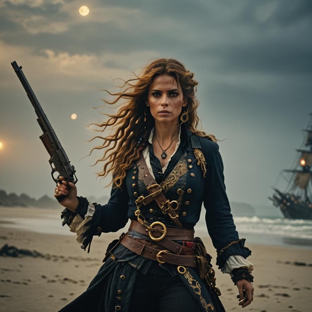 Cinematic Pirate Woman with Guns on Misty Beach