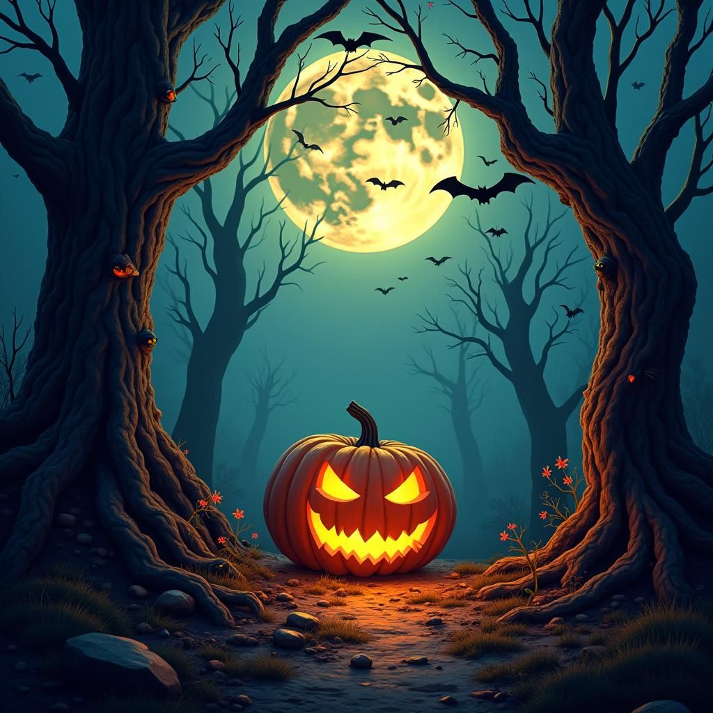 Mystical Dark Fantasy Forest with Jack-o'-Lantern