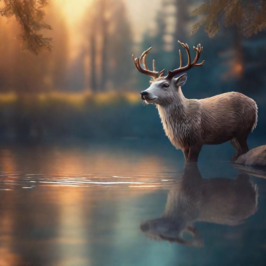 Reindeer-Otter Hybrid in Forest Lake: 3D Anime Art