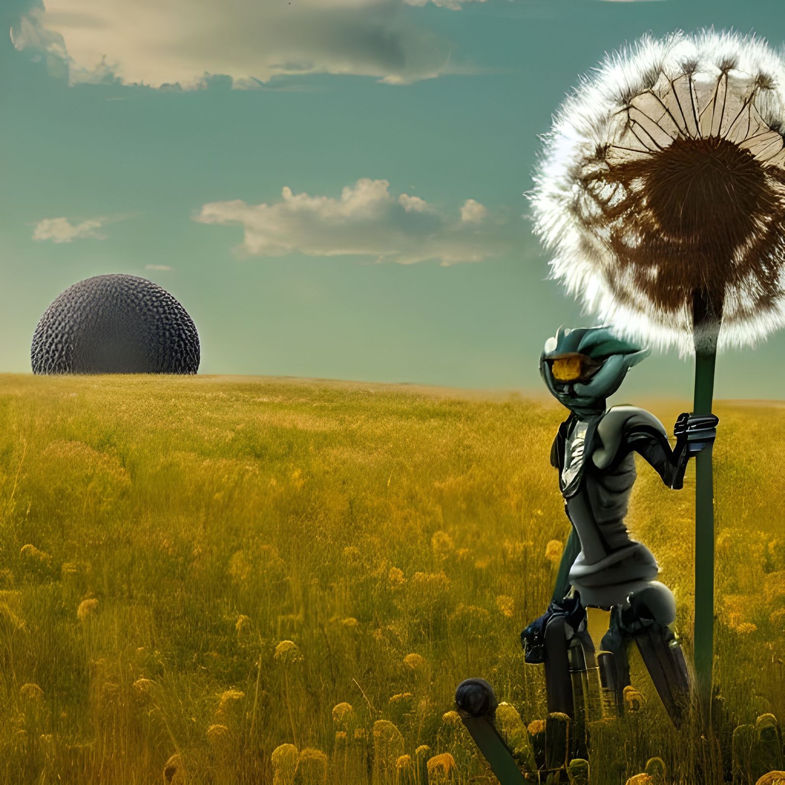 Robot Holding A Giant Dandelion In Sunflower Field - AI Generated ...