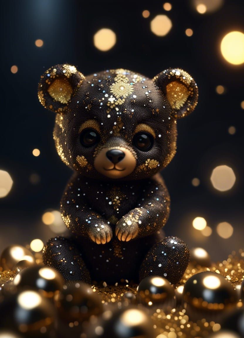 a bear cub playing with golden glitter  by @skeller