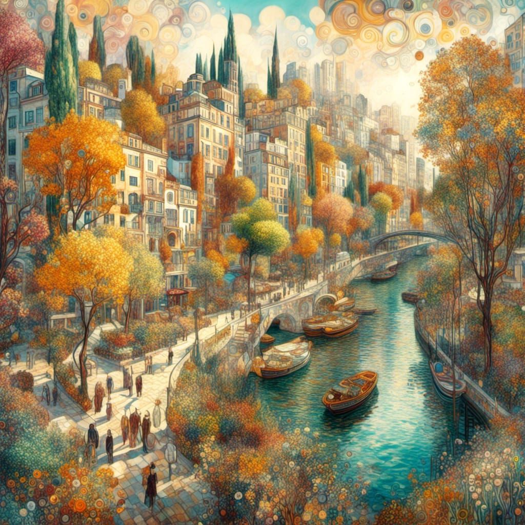 <lora:GustavKlimt1XL:1.0> riverside busy city  trees flowers colorful 