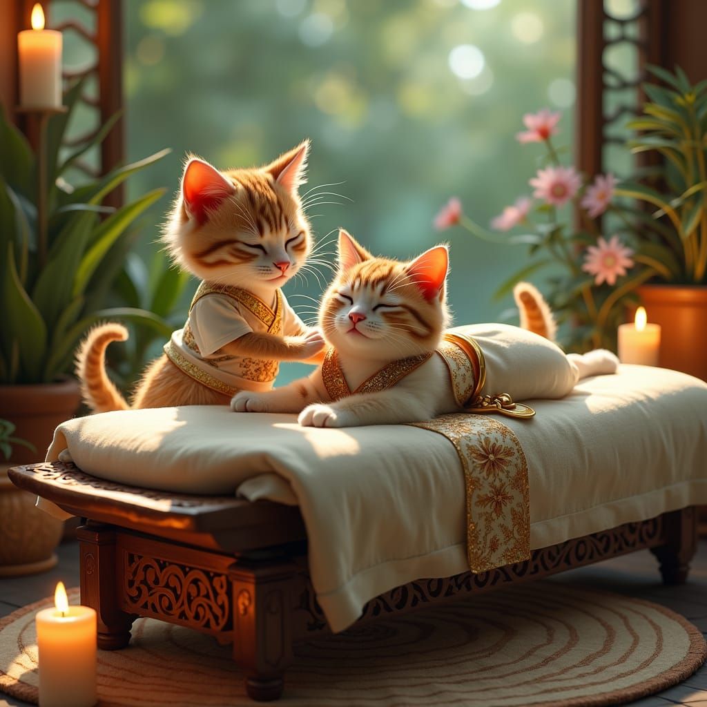 Cute cat, (in masseuse costume), massaging another cat in sp...