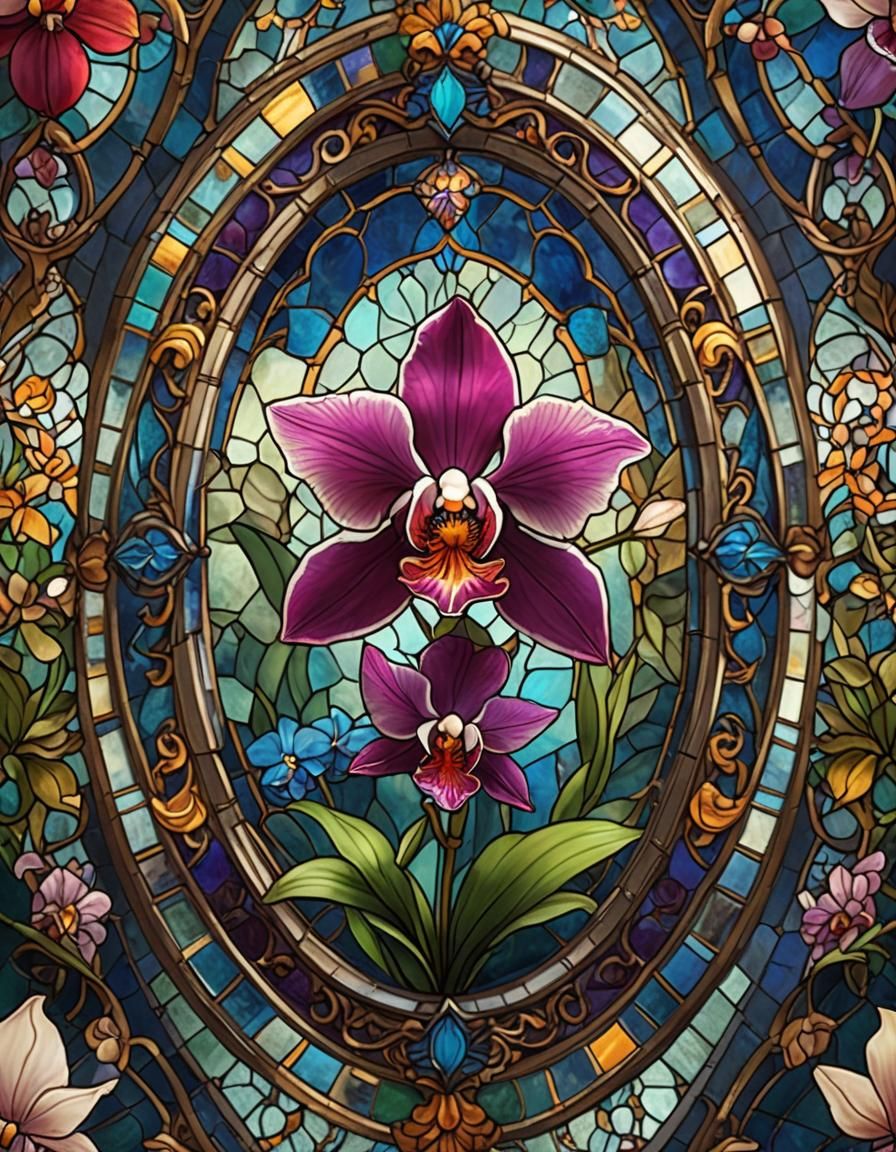 traditional stain glass oval, small vibrant orchid flower in...