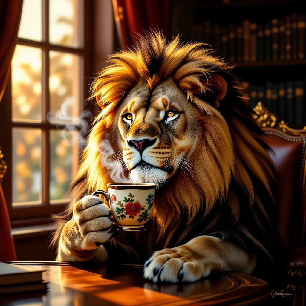 Majestic Lion Enjoys Coffee in Opulent Study