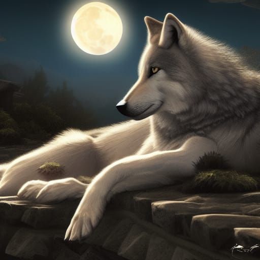 Wolf laying down and looking at the moon at Midnight detaile...