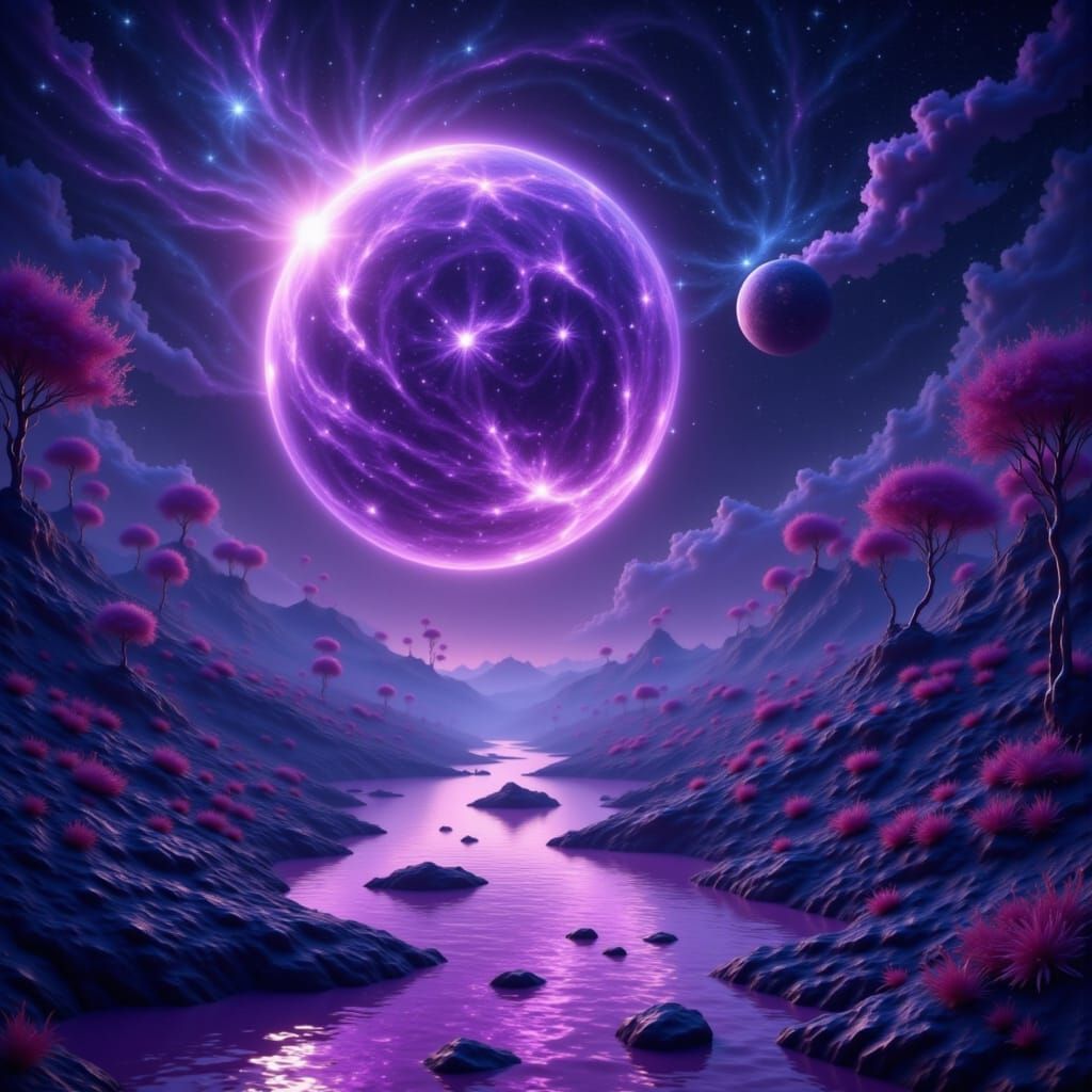 Cosmic space base on a unusual purple water planet with a rocky islands  <lora:Thayosin:1.0>