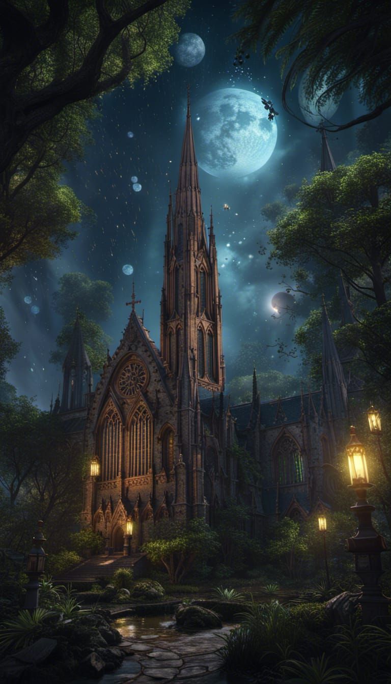 gothic churches jungle starry night  by @yan dikara