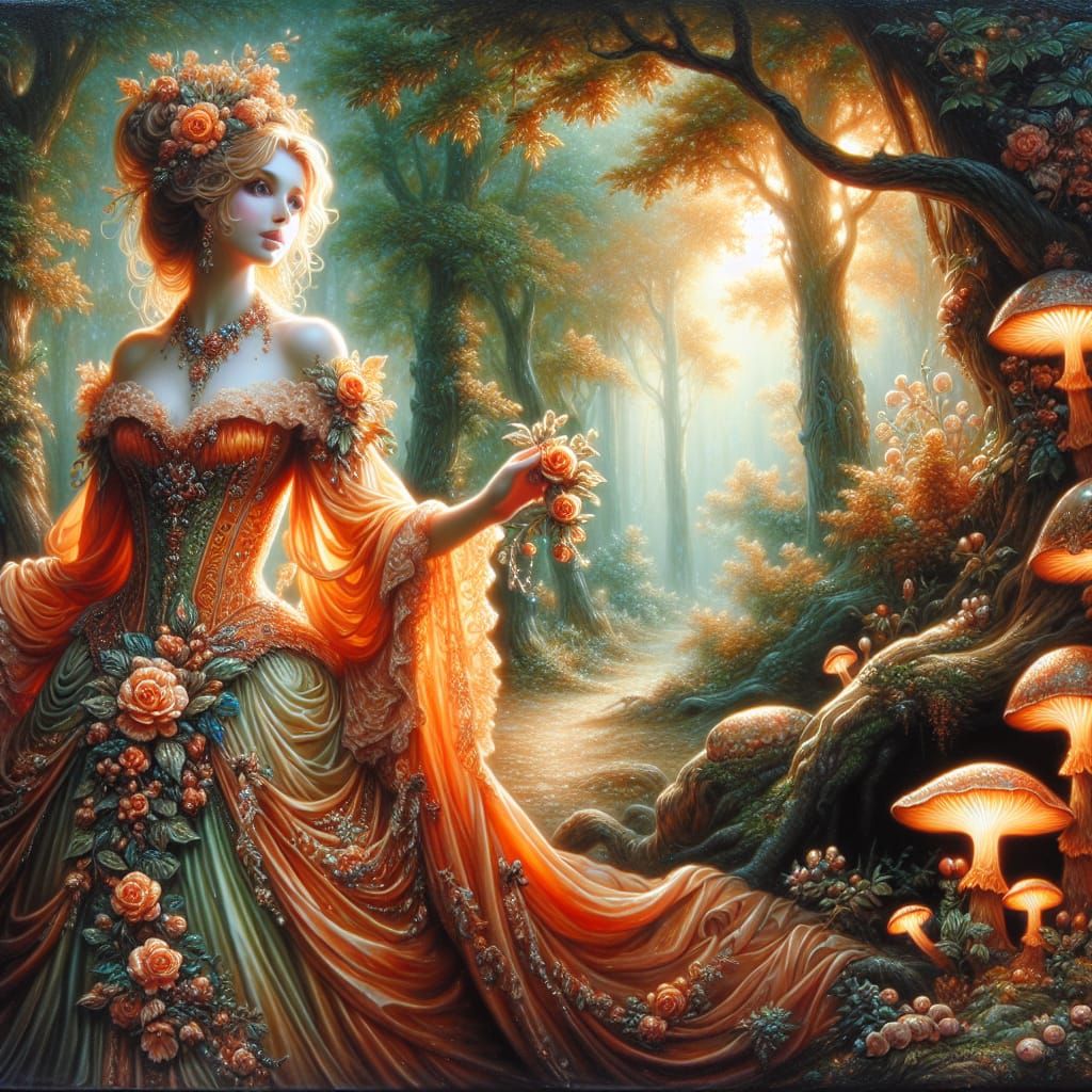 glossy oil painting with a Caucasian woman, wearing an intricate, elegant, flowing orange gown adorned ...  by @Denise