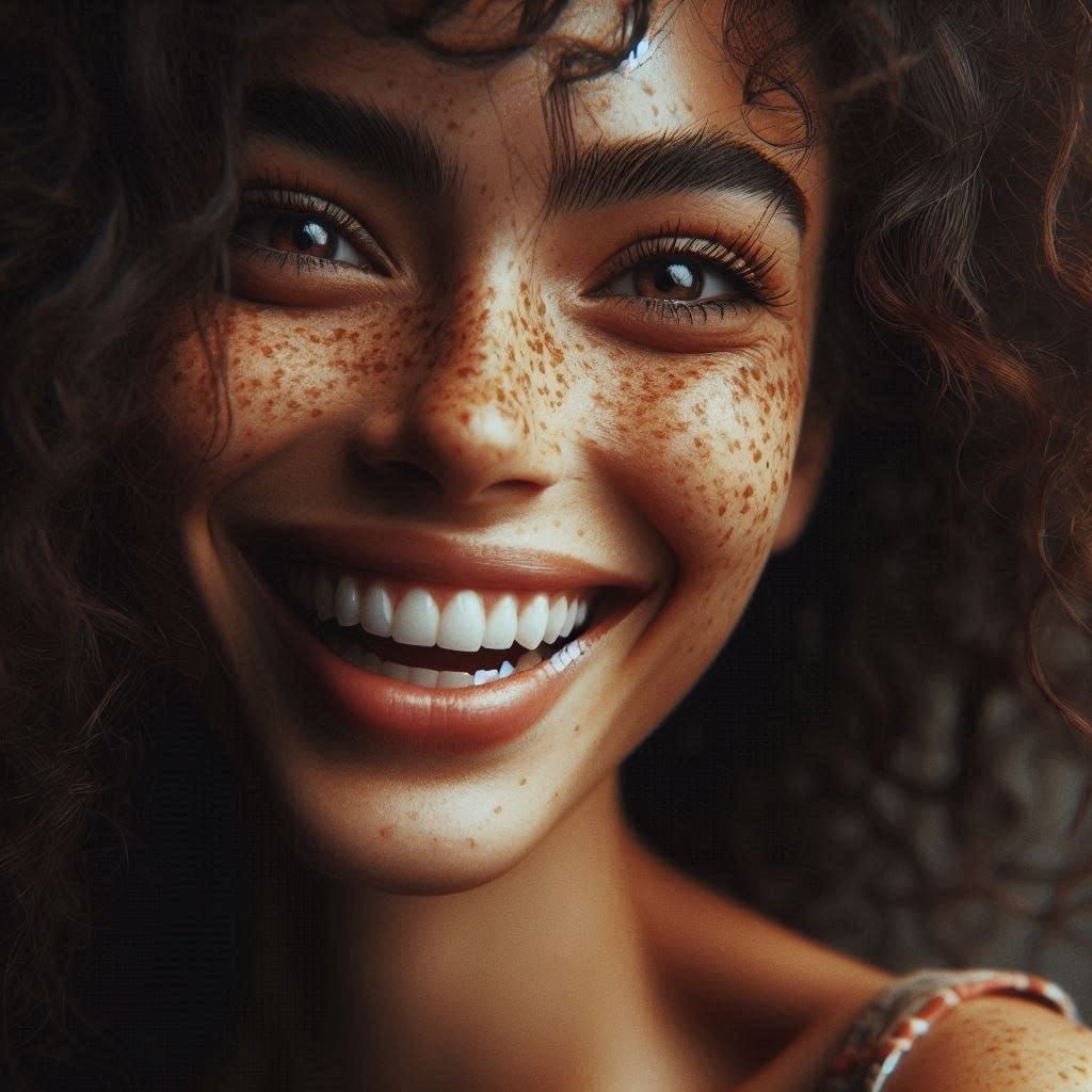 Extremely detailed cinematic film still photography of centered portrait of a woman laughing: curly hair: left side view. sparce freckles: s...