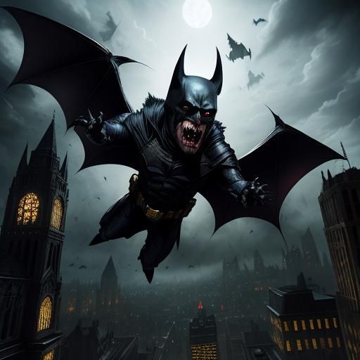 A vampire bat wearing the batman suit flying through Gotham,...