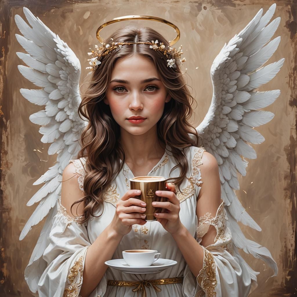 A  beautiful angel drinking coffee