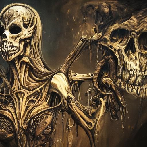 An elegantly beautiful female demon is dancing on a pile of skull and bones next to a blazing bonfire with a burning skeleton.