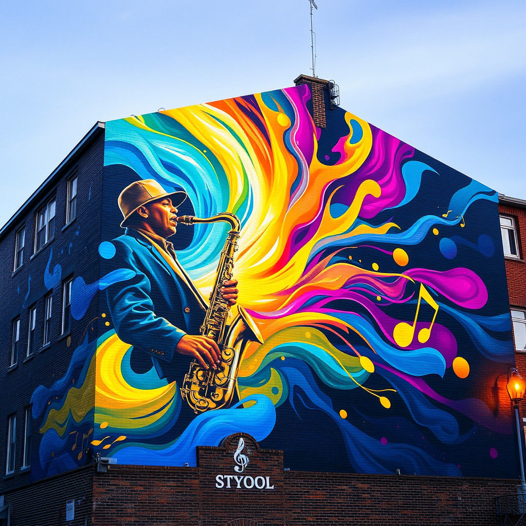 a massive mural of a lone saxophonist playing passionately